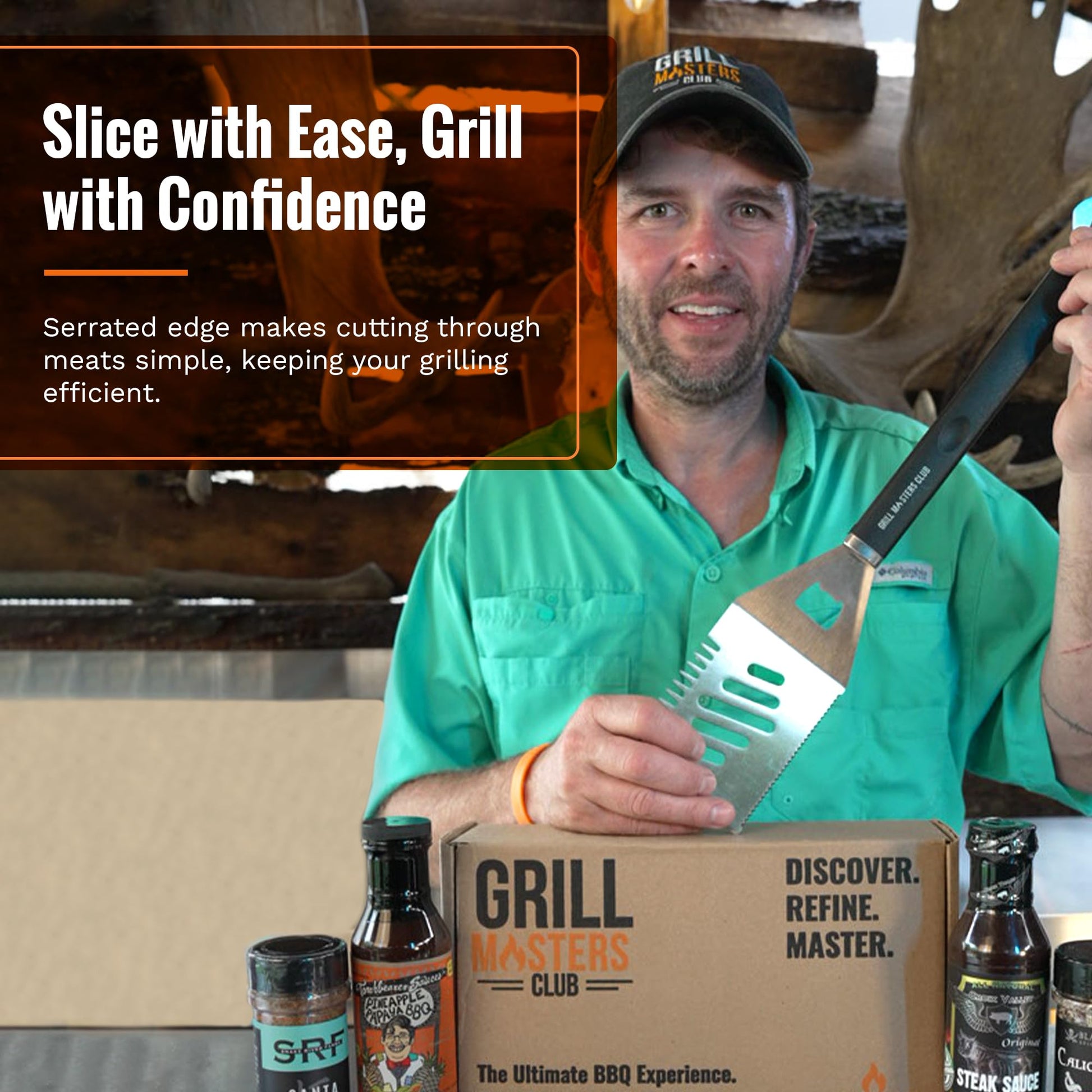 Grill Masters Club 4-in-1 BBQ Spatula | Multifunctional Stainless Steel Grill Spatula with Polypropylene Handle, Serrated Edges, Bottle Opener | Perfect for BBQ grills, kebabs for Camping & Picnics - CookCave