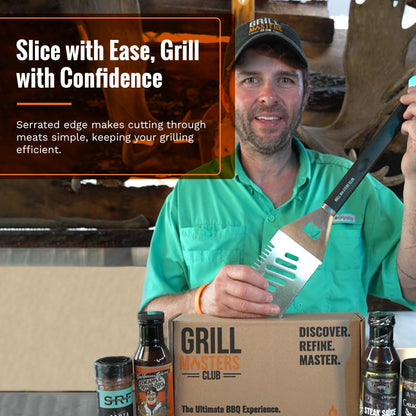 Grill Masters Club 4-in-1 BBQ Spatula | Multifunctional Stainless Steel Grill Spatula with Polypropylene Handle, Serrated Edges, Bottle Opener | Perfect for BBQ grills, kebabs for Camping & Picnics - CookCave