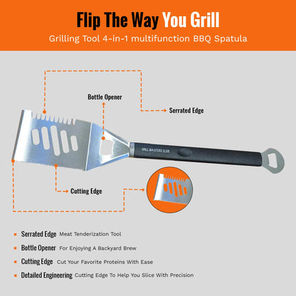 Grill Masters Club 4-in-1 BBQ Spatula | Multifunctional Stainless Steel Grill Spatula with Polypropylene Handle, Serrated Edges, Bottle Opener | Perfect for BBQ grills, kebabs for Camping & Picnics - CookCave