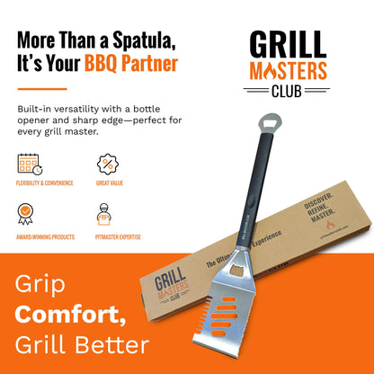 Grill Masters Club 4-in-1 BBQ Spatula | Multifunctional Stainless Steel Grill Spatula with Polypropylene Handle, Serrated Edges, Bottle Opener | Perfect for BBQ grills, kebabs for Camping & Picnics - CookCave