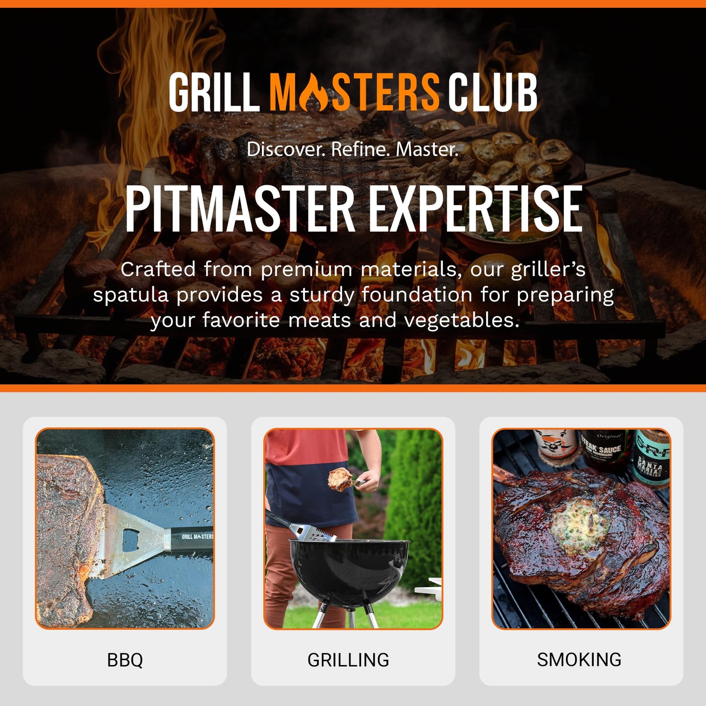 Grill Masters Club 4-in-1 BBQ Spatula | Multifunctional Stainless Steel Grill Spatula with Polypropylene Handle, Serrated Edges, Bottle Opener | Perfect for BBQ grills, kebabs for Camping & Picnics - CookCave