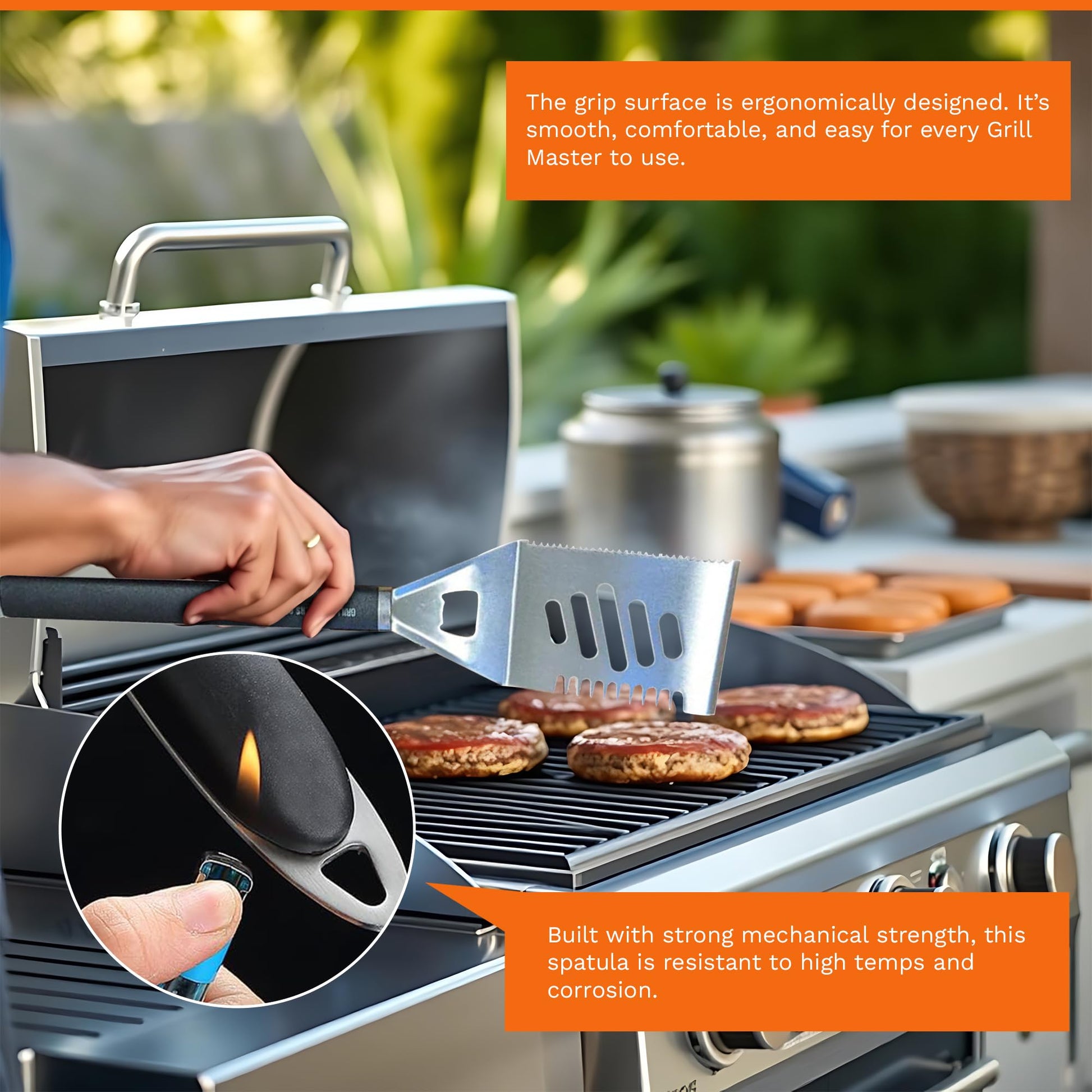 Grill Masters Club 4-in-1 BBQ Spatula | Multifunctional Stainless Steel Grill Spatula with Polypropylene Handle, Serrated Edges, Bottle Opener | Perfect for BBQ grills, kebabs for Camping & Picnics - CookCave