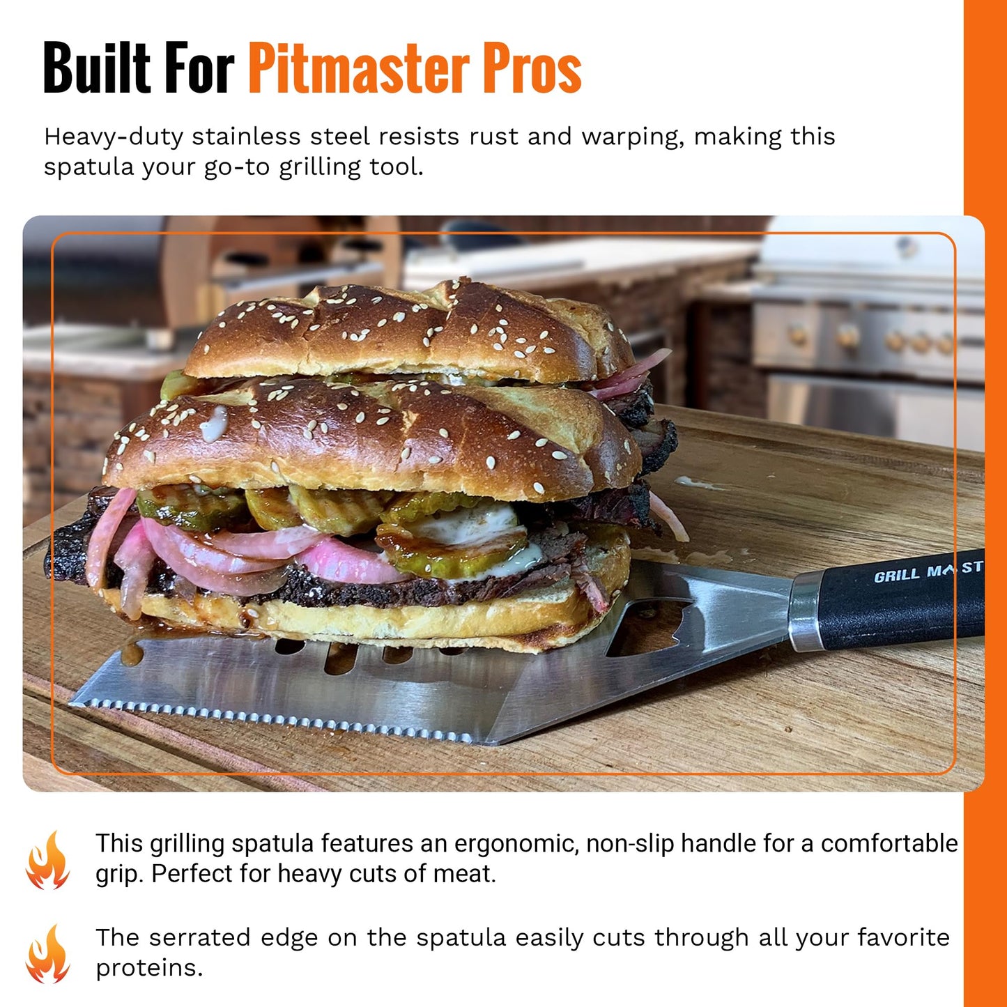 Grill Masters Club 4-in-1 BBQ Spatula | Multifunctional Stainless Steel Grill Spatula with Polypropylene Handle, Serrated Edges, Bottle Opener | Perfect for BBQ grills, kebabs for Camping & Picnics - CookCave