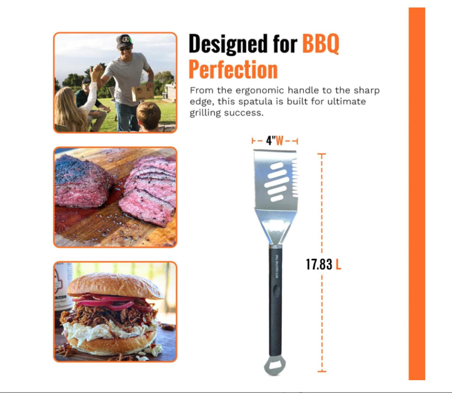 Grill Masters Club 4-in-1 BBQ Spatula | Multifunctional Stainless Steel Grill Spatula with Polypropylene Handle, Serrated Edges, Bottle Opener | Perfect for BBQ grills, kebabs for Camping & Picnics - CookCave