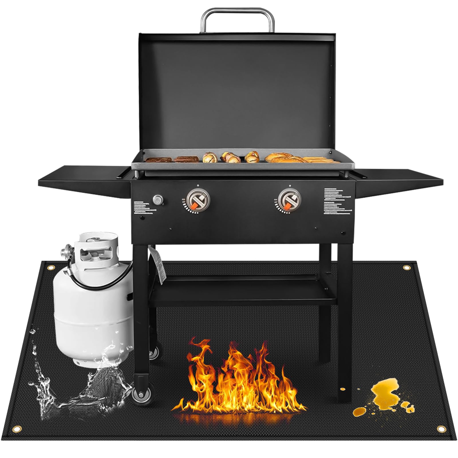 Grill Mats for Outdoor Grill Compatible with Blackstone 28 & 36in Griddle to Protect Deck and Patio, Fireproof Griddle Mat, Griddle Accessories Compatible with Blackstone Griddle, 65x48x0.02in, Black - CookCave