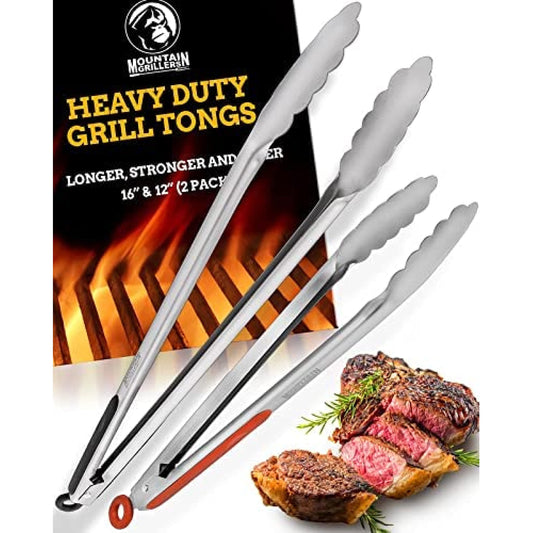 Grill Tongs for Cooking BBQ - 12 & 16" Set of 2 Heavy Duty Grilling Cooking Tongs for Serving Food Rubber Grips Long Locking Stainless Steel kitchen tongs & Barbecue No More Burnt hands Heat Resistant - CookCave