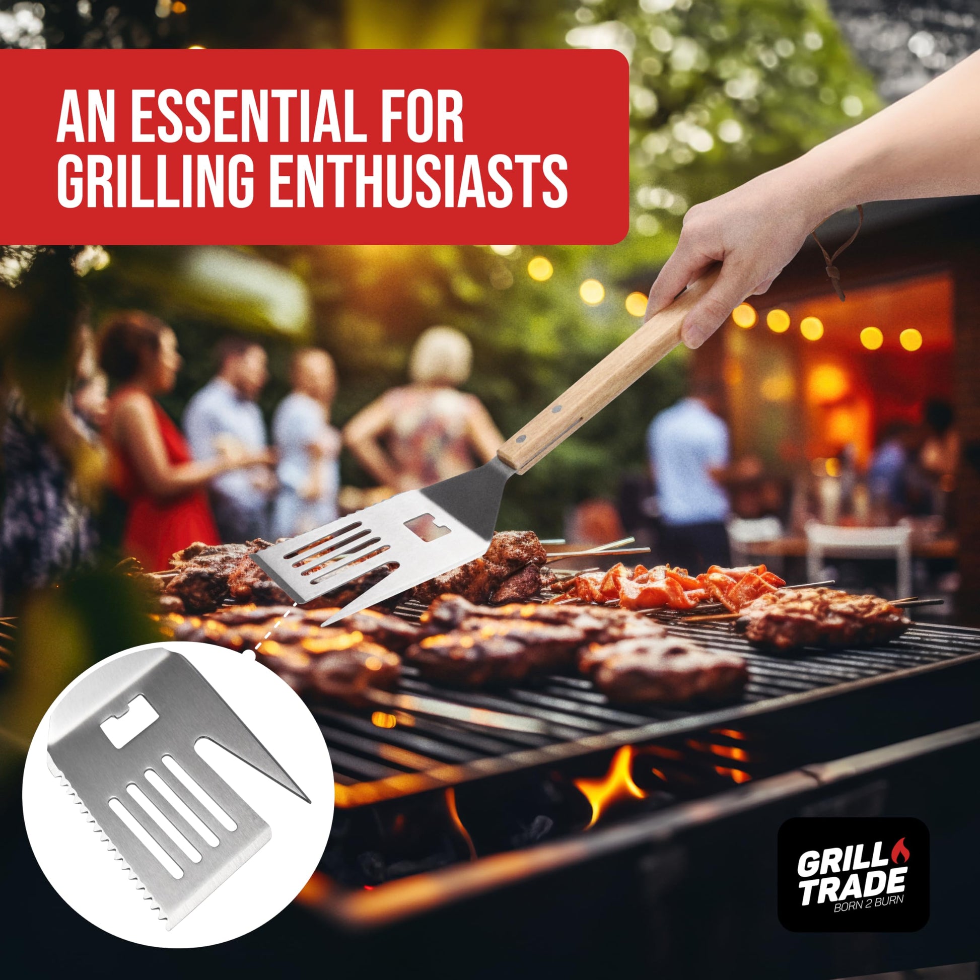 Grill Trade 5-in-1 Grill Spatula with Knife, Fork, Tenderizer, Bottle Opener, and Turner BBQ Tool - Multifunction with Wooden Handle-Ergonomic Cooking Tool for Outdoor Grilling, Flipping, Cutting-19'' - CookCave
