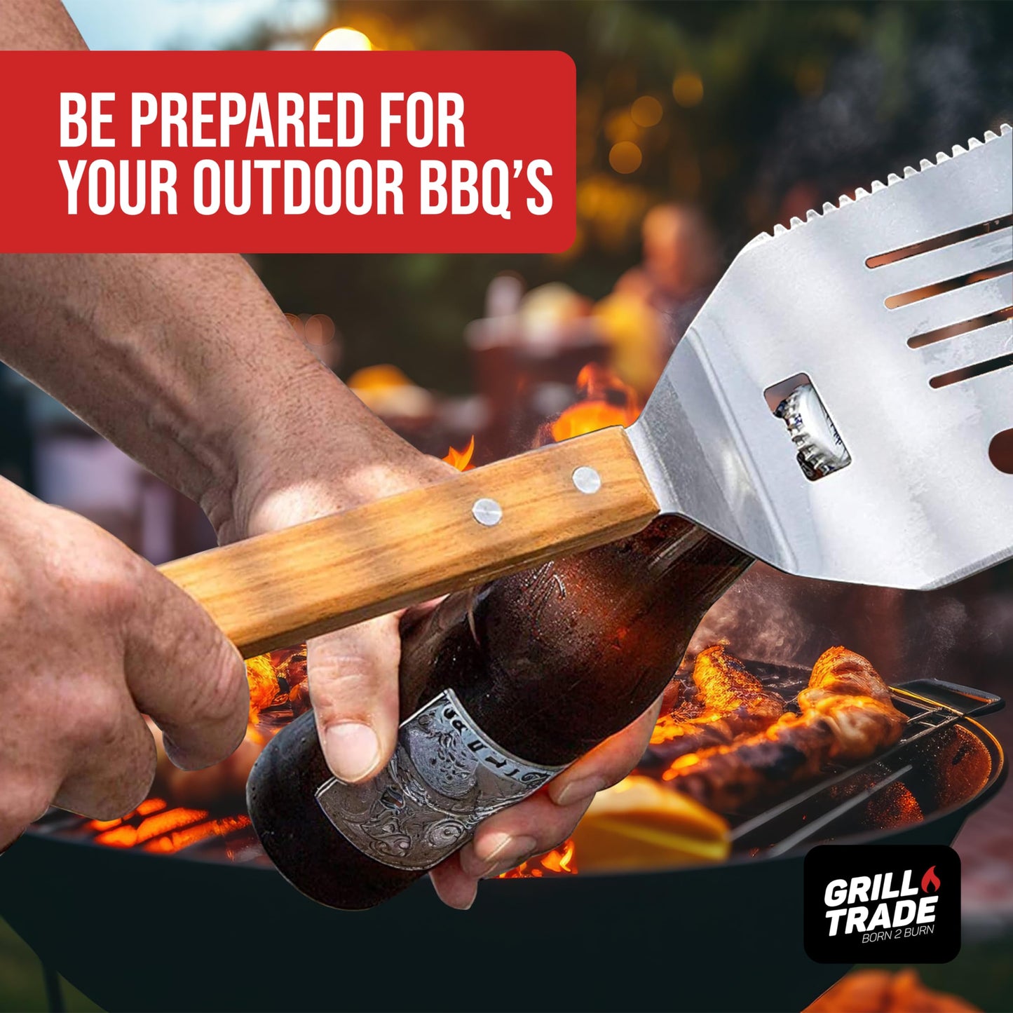 Grill Trade 5-in-1 Grill Spatula with Knife, Fork, Tenderizer, Bottle Opener, and Turner BBQ Tool - Multifunction with Wooden Handle-Ergonomic Cooking Tool for Outdoor Grilling, Flipping, Cutting-19'' - CookCave