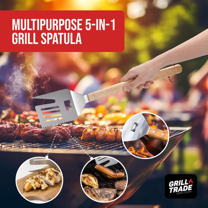 Grill Trade 5-in-1 Grill Spatula with Knife, Fork, Tenderizer, Bottle Opener, and Turner BBQ Tool - Multifunction with Wooden Handle-Ergonomic Cooking Tool for Outdoor Grilling, Flipping, Cutting-19'' - CookCave