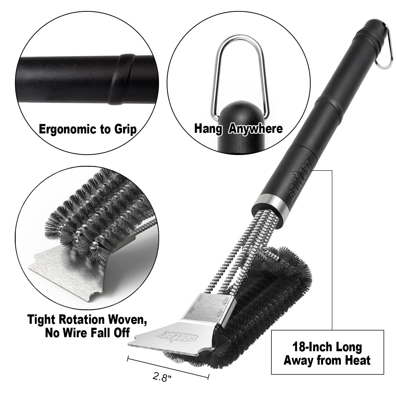 GRILLART Grill Brush and Scraper BBQ Brush for Grill, Safe 18" Stainless Steel Woven Wire 3 in 1 Bristles Grill Cleaning Brush, BR-4516 - CookCave