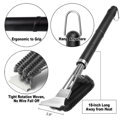GRILLART Grill Brush and Scraper BBQ Brush for Grill, Safe 18" Stainless Steel Woven Wire 3 in 1 Bristles Grill Cleaning Brush, BR-4516 - CookCave