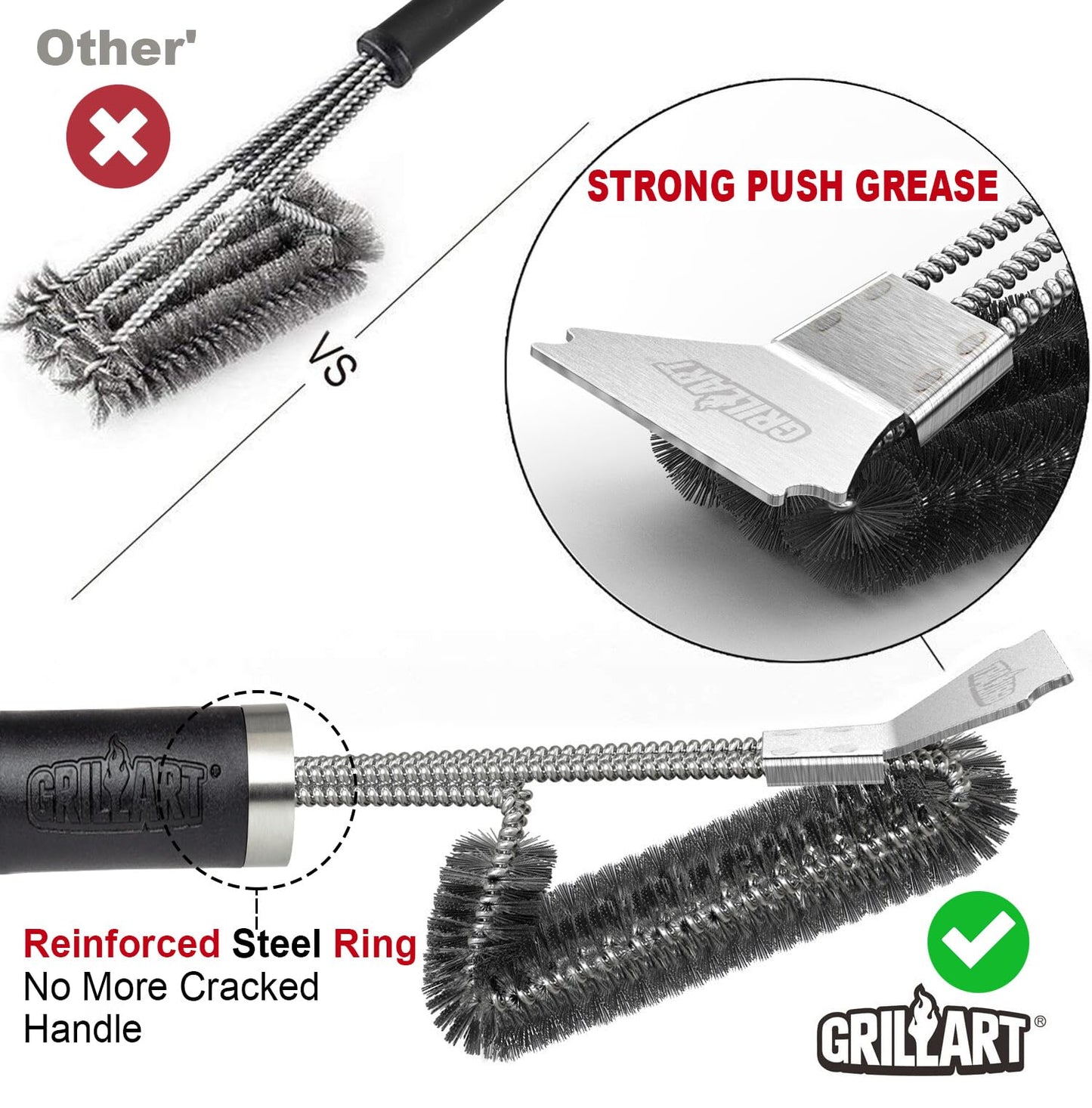 GRILLART Grill Brush and Scraper BBQ Brush for Grill, Safe 18" Stainless Steel Woven Wire 3 in 1 Bristles Grill Cleaning Brush, BR-4516 - CookCave