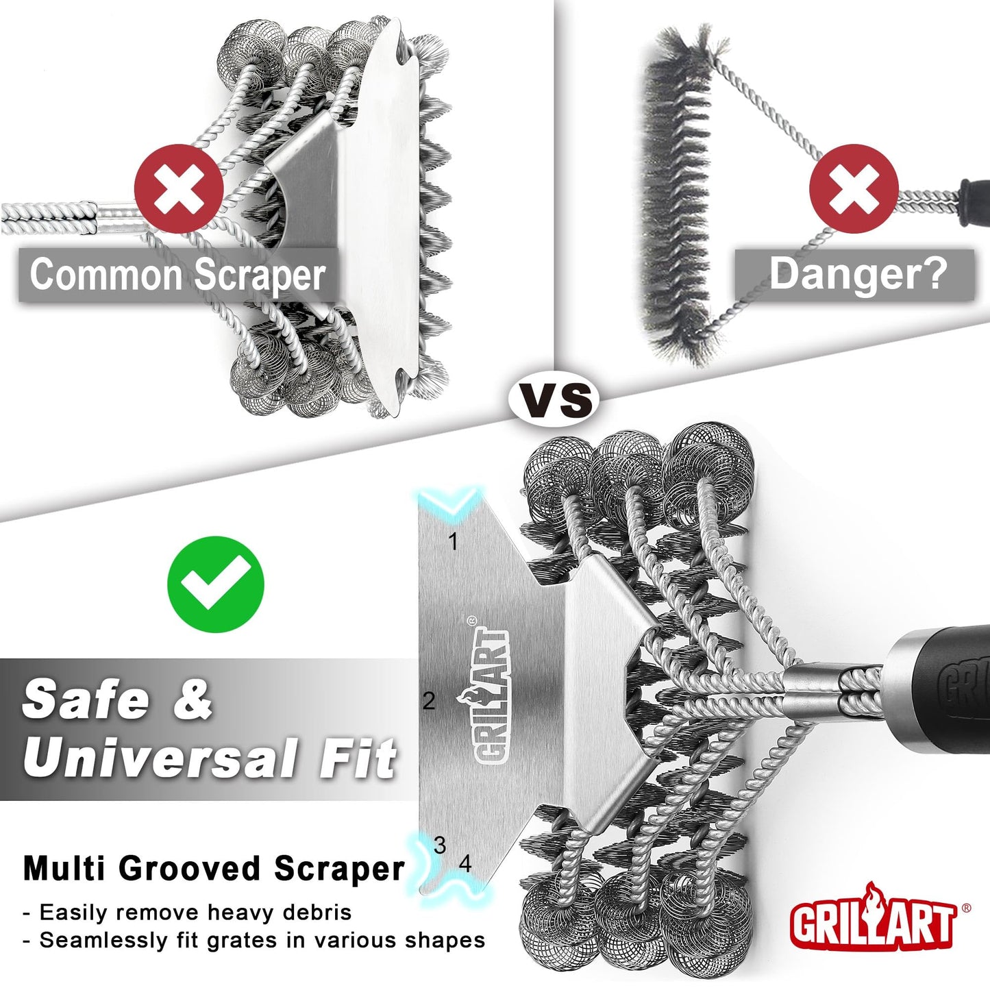 GRILLART Grill Brush and Scraper Bristle Free - Safe BBQ Brush for Grill -Stainless Grill Grate Cleaner - Safe Grill Accessories for Porcelain/Weber Gas/Charcoal Grill - Gifts for Grill Wizard/Men/Dad - CookCave