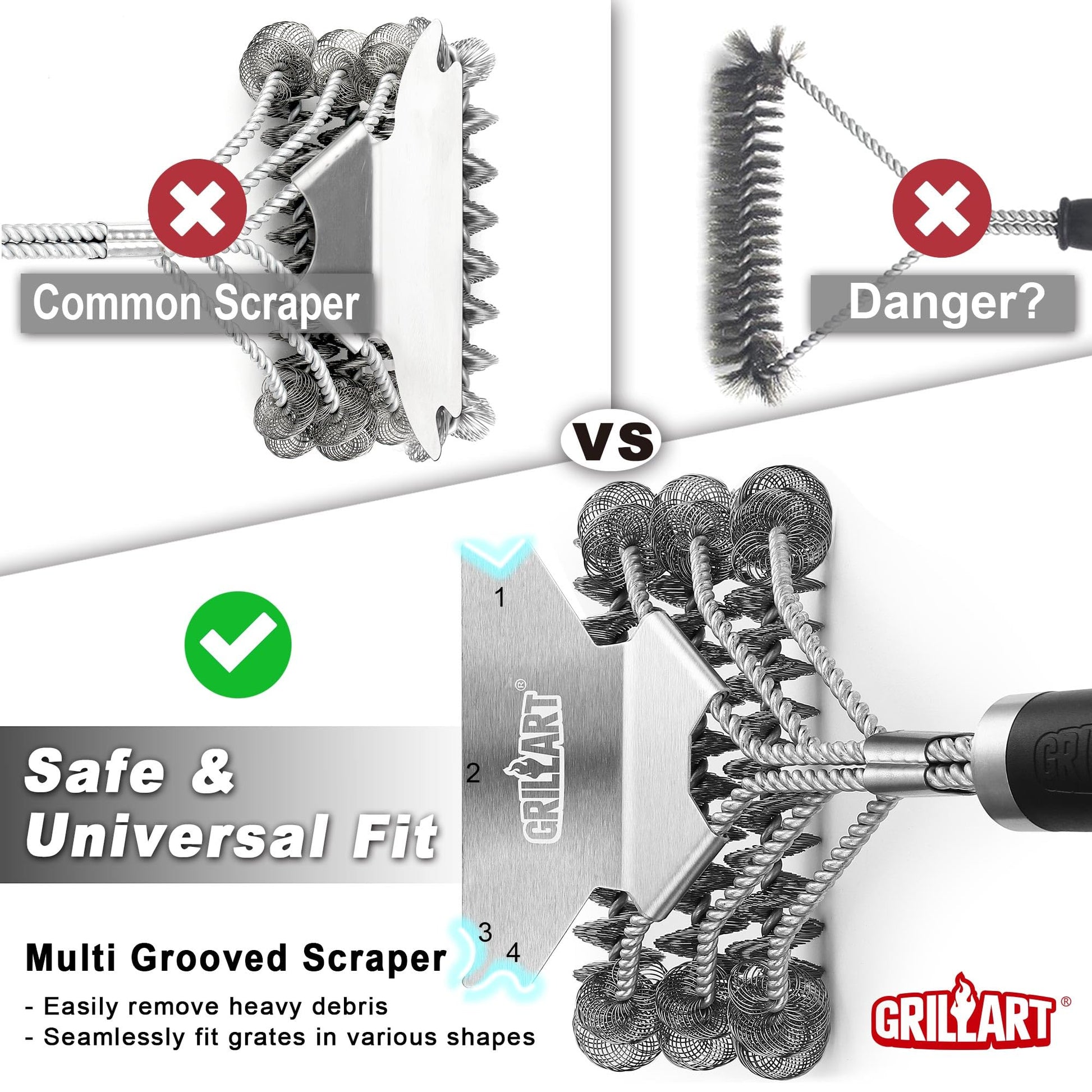 GRILLART Grill Brush and Scraper Bristle Free - Safe BBQ Brush for Grill -Stainless Grill Grate Cleaner - Safe Grill Accessories for Porcelain/Weber Gas/Charcoal Grill - Gifts for Grill Wizard/Men/Dad - CookCave