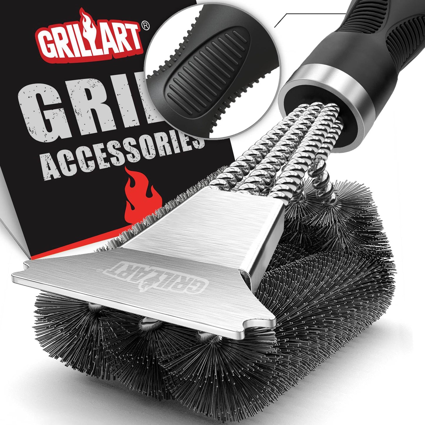 GRILLART Grill Brush and Scraper, Extra Strong BBQ Cleaner Accessories, Safe Wire Bristles Barbecue Triple Scrubbers Cleaning Brush for Gas/Charcoal Grilling Grates, Wizard Tool BR-8115 - CookCave