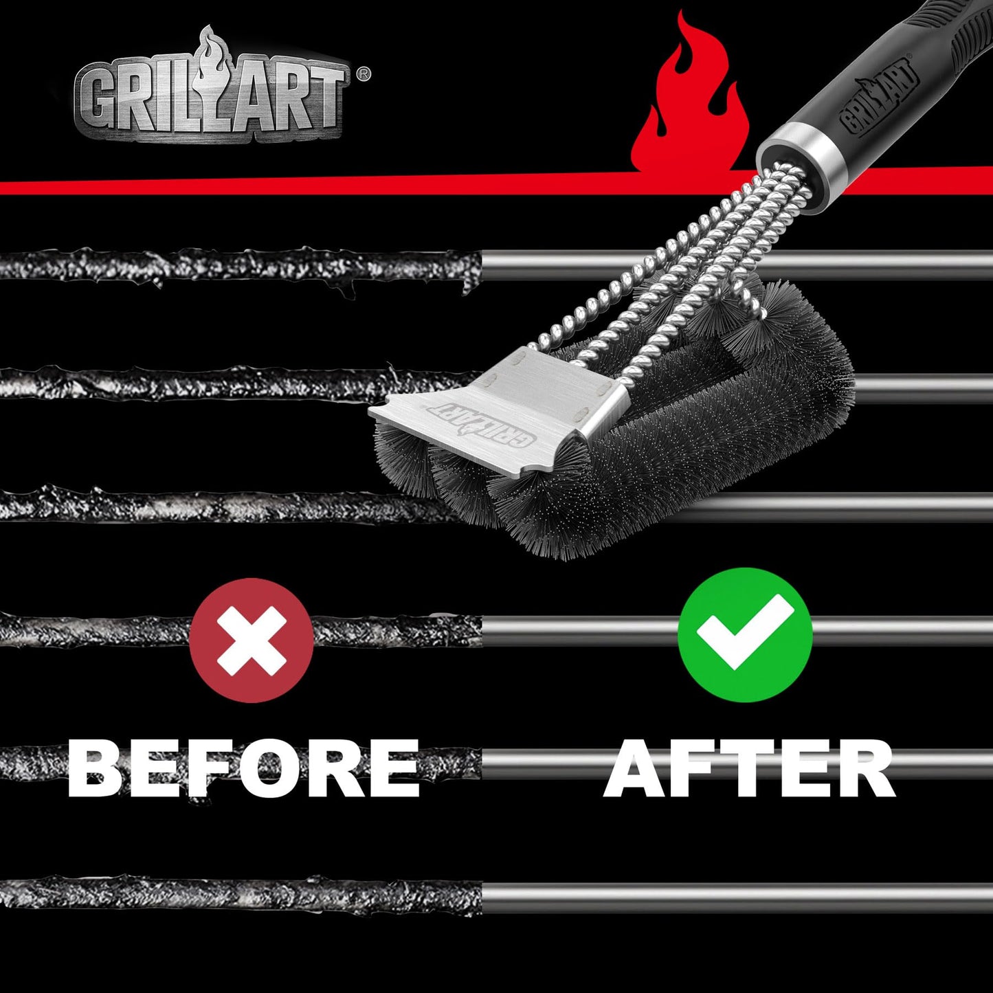 GRILLART Grill Brush and Scraper, Extra Strong BBQ Cleaner Accessories, Safe Wire Bristles Barbecue Triple Scrubbers Cleaning Brush for Gas/Charcoal Grilling Grates, Wizard Tool BR-8115 - CookCave