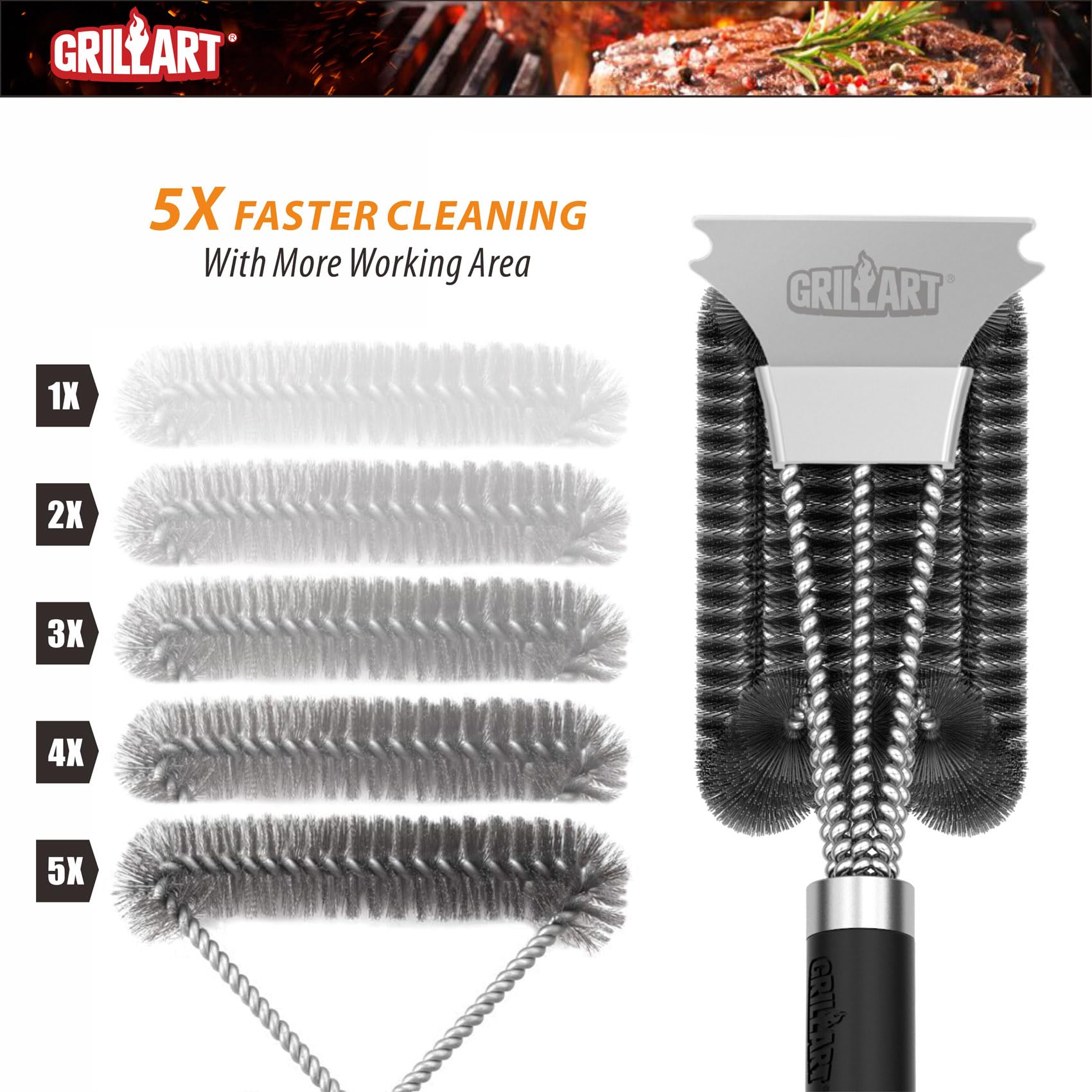 GRILLART Grill Brush and Scraper with Deluxe Handle, Safe Wire Grill Brush BBQ Cleaning Brush Grill Grate Cleaner for Gas Infrared Charcoal Porcelain Grills, BR-8529 - CookCave
