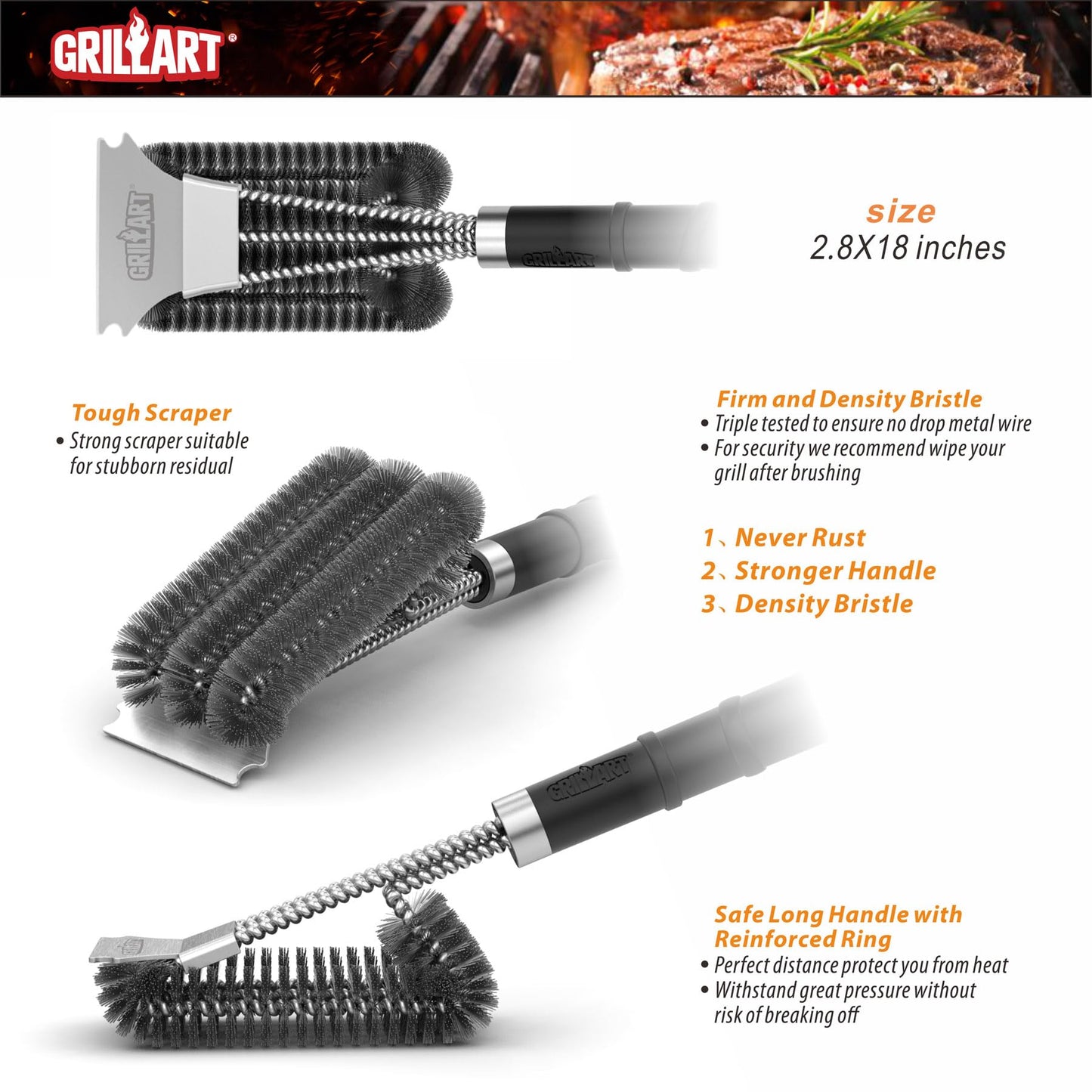 GRILLART Grill Brush and Scraper with Deluxe Handle, Safe Wire Grill Brush BBQ Cleaning Brush Grill Grate Cleaner for Gas Infrared Charcoal Porcelain Grills, BR-8529 - CookCave