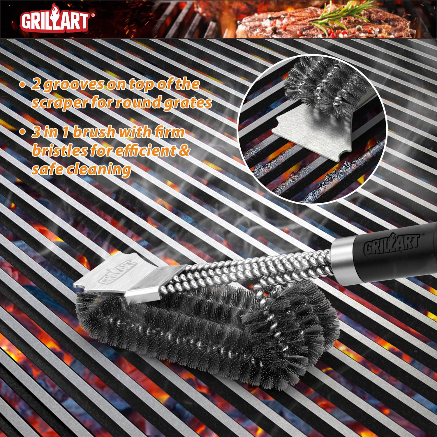 GRILLART Grill Brush and Scraper with Deluxe Handle, Safe Wire Grill Brush BBQ Cleaning Brush Grill Grate Cleaner for Gas Infrared Charcoal Porcelain Grills, BR-8529 - CookCave