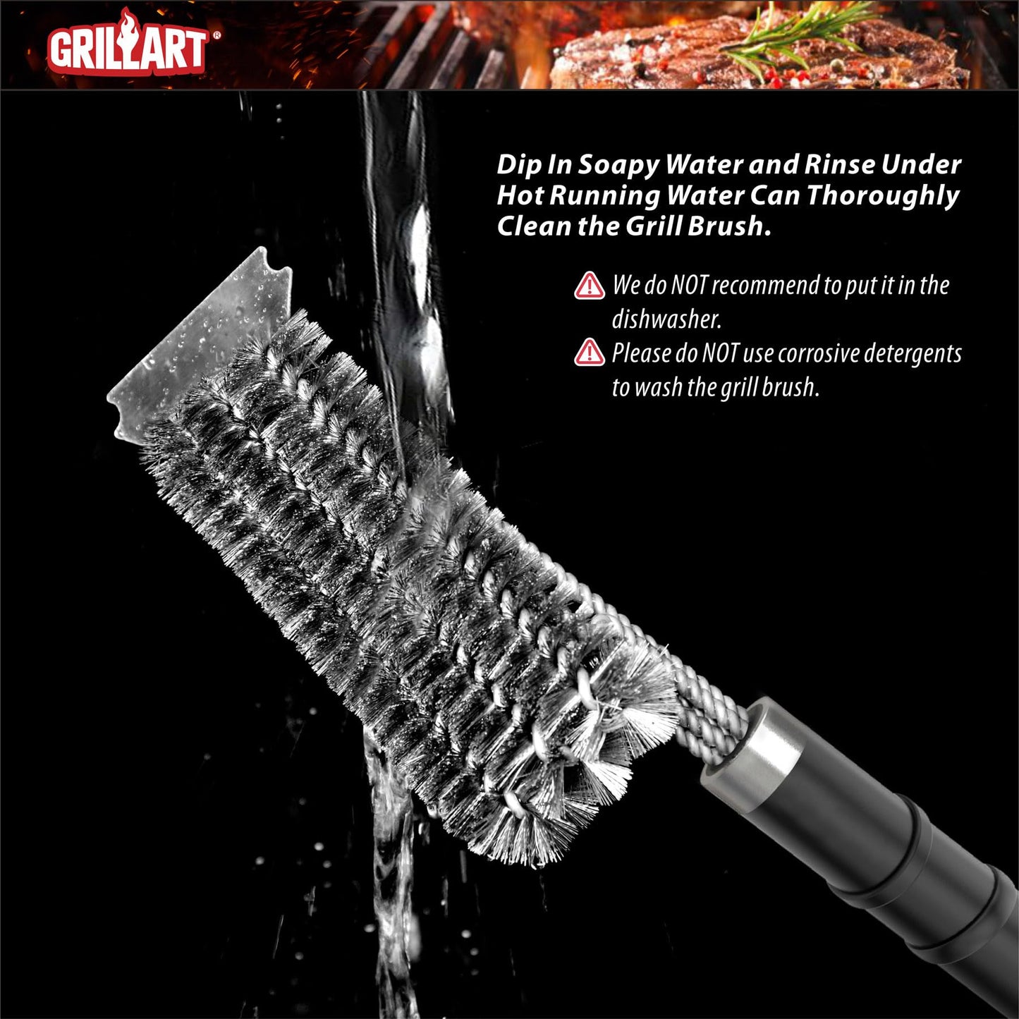 GRILLART Grill Brush and Scraper with Deluxe Handle, Safe Wire Grill Brush BBQ Cleaning Brush Grill Grate Cleaner for Gas Infrared Charcoal Porcelain Grills, BR-8529 - CookCave