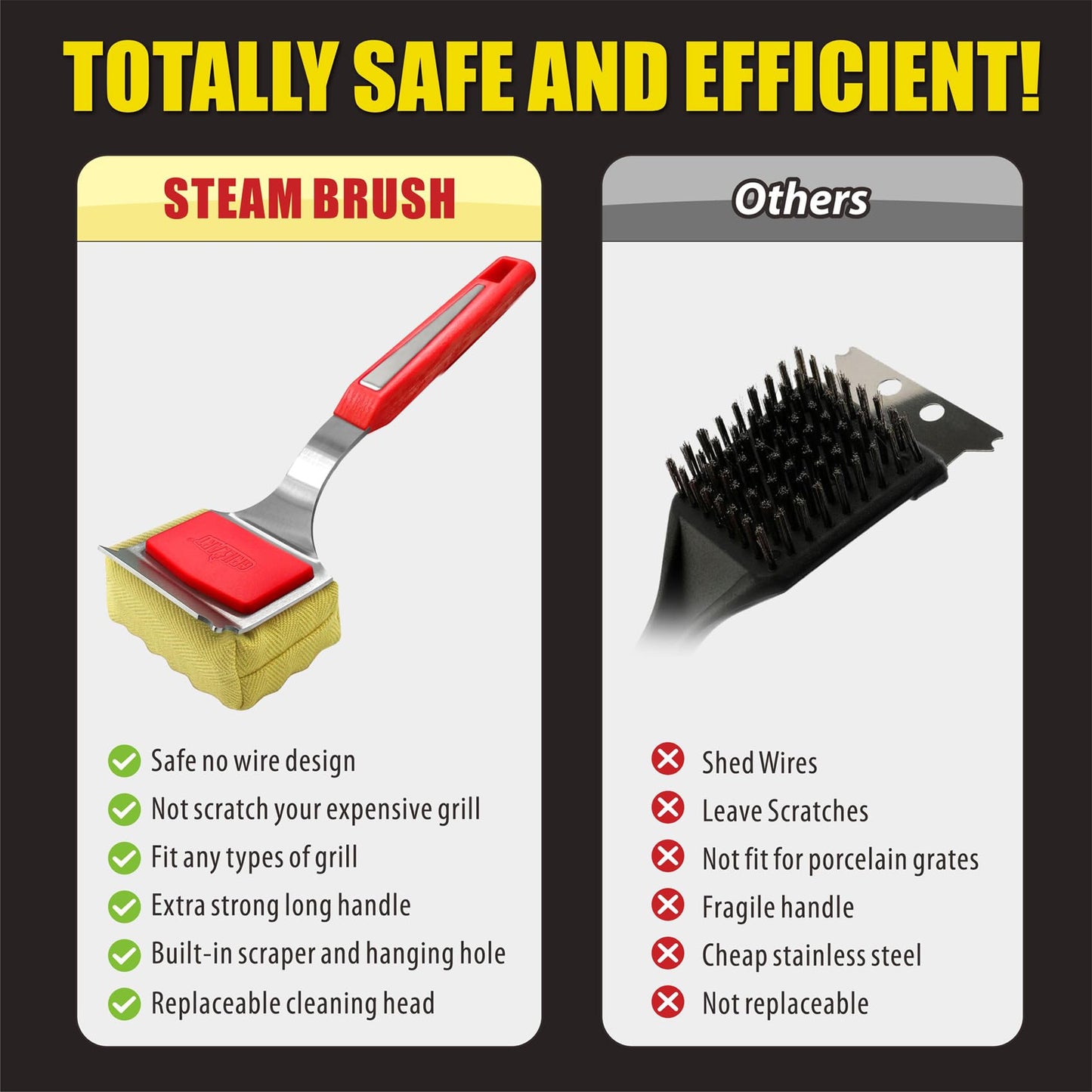 GRILLART Grill Brush Bristle Free. SteamWizards BBQ Replaceable Cleaning Head, Unique Seamless-Fit Scraper Tool for Cast Iron/Stainless-Steel Grates, Safe Barbecue Grill Cleaner-Red - CookCave