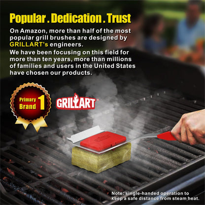 GRILLART Grill Brush Bristle Free. SteamWizards BBQ Replaceable Cleaning Head, Unique Seamless-Fit Scraper Tool for Cast Iron/Stainless-Steel Grates, Safe Barbecue Grill Cleaner-Red - CookCave