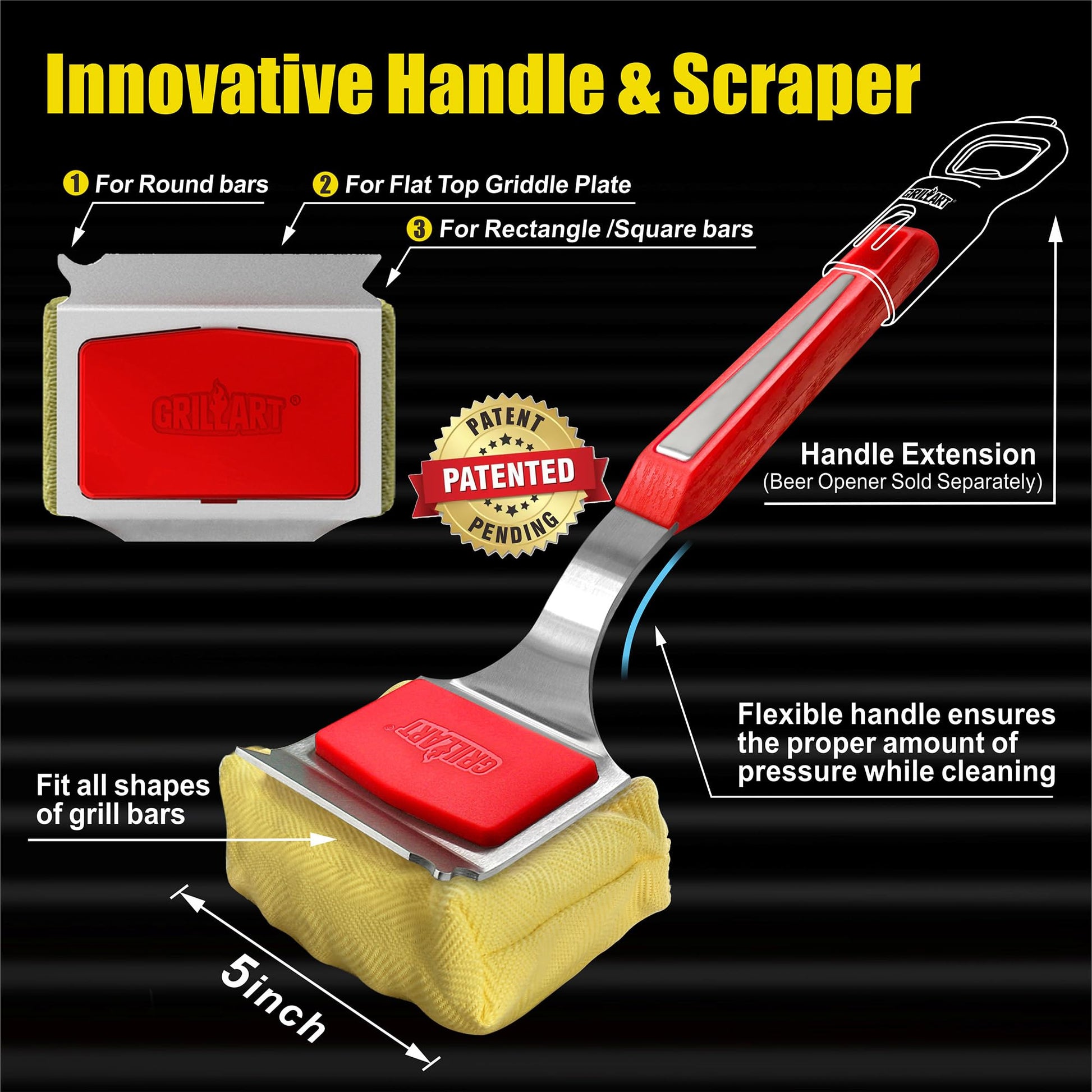 GRILLART Grill Brush Bristle Free. SteamWizards BBQ Replaceable Cleaning Head, Unique Seamless-Fit Scraper Tool for Cast Iron/Stainless-Steel Grates, Safe Barbecue Grill Cleaner-Red - CookCave