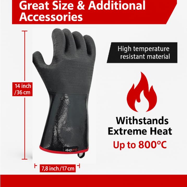 GrillGrip Heat Resistant BBQ Grill Gloves 932°F – Waterproof Neoprene Mitts with Long Cuffs for Grilling, Smoking, Deep Frying, Barbecue, Cooking, Handling Hot Meat, Turkey, Outdoor Use - CookCave