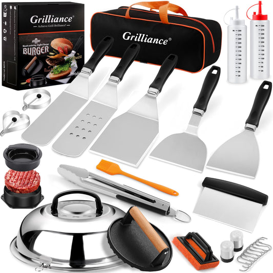 Grilliance 27pcs Griddle Accessories Kit for Blackstone, Professional Hibachi Flat Top Grill Tools, Enlarged Spatula Gift Set with Basting Cover，Burger Press Patty Maker for Outdoor BBQ Teppanyaki - CookCave