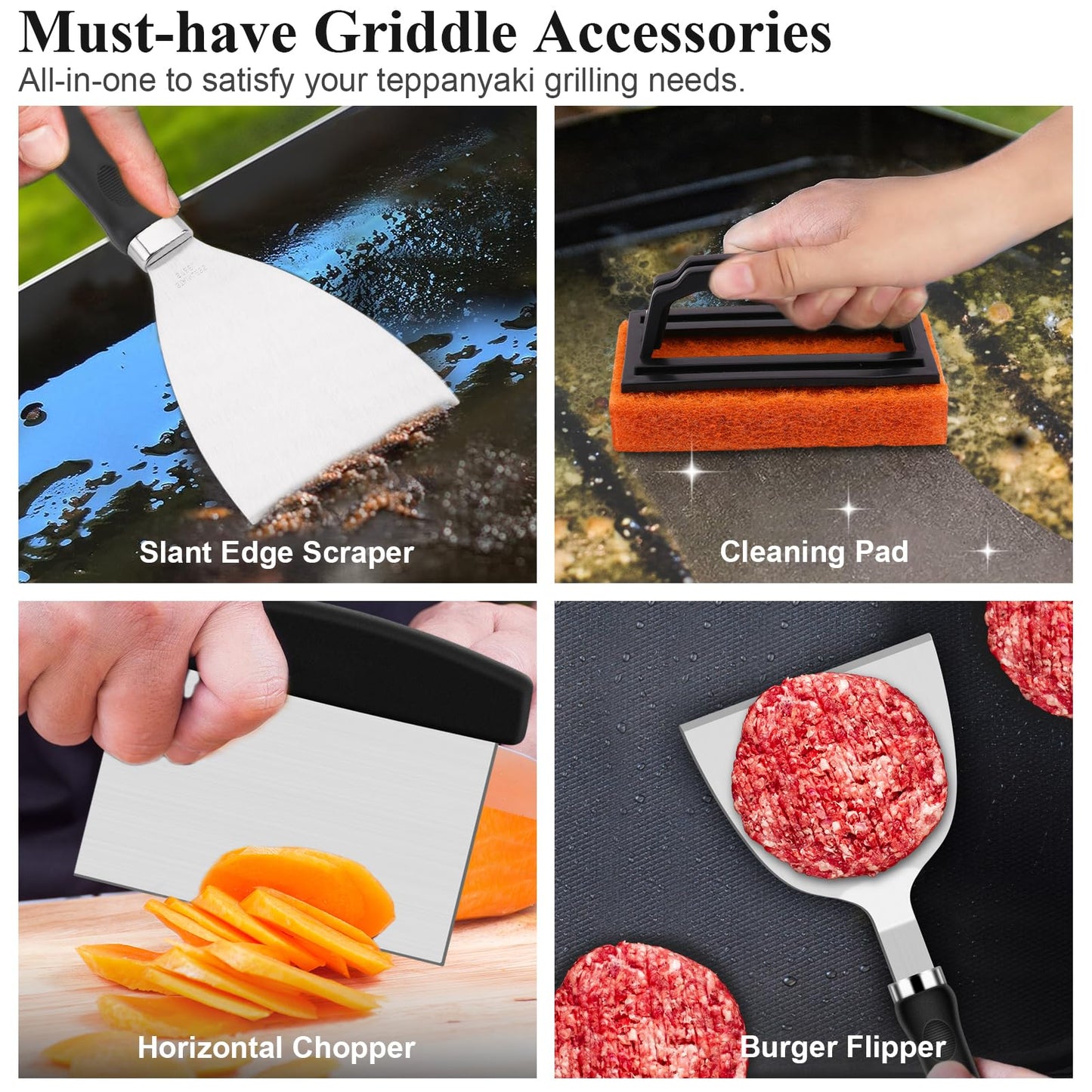 Grilliance 27pcs Griddle Accessories Kit for Blackstone, Professional Hibachi Flat Top Grill Tools, Enlarged Spatula Gift Set with Basting Cover，Burger Press Patty Maker for Outdoor BBQ Teppanyaki - CookCave