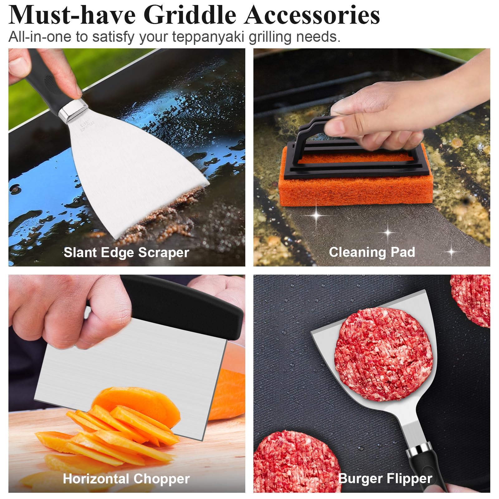 Grilliance 27pcs Griddle Accessories Kit for Blackstone, Professional Hibachi Flat Top Grill Tools, Enlarged Spatula Gift Set with Basting Cover，Burger Press Patty Maker for Outdoor BBQ Teppanyaki - CookCave