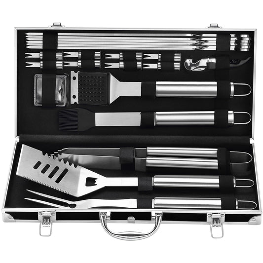 Grilljoy 22-Piece Stainless Steel BBQ Grill Tools Set with Black Aluminum Case - Premium Outdoor Cooking Accessories & Grilling Gifts for Men, Dad, BBQ Enthusiasts - Perfect Valentine's Day Gift - CookCave