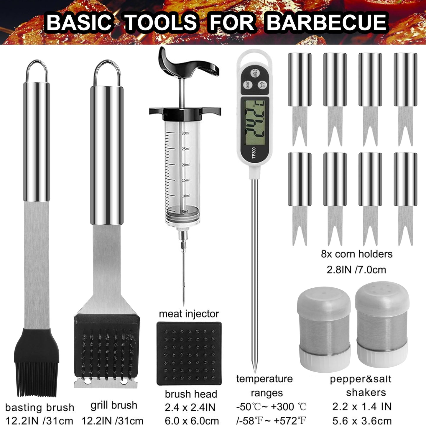 Grilljoy 24PCS BBQ Grill Tools Set with Meat Thermometer and Injector - Extra Thick Stainless Steel Fork, Spatula& Tongs - Complete BBQ Accessories in Aluminum Case - Perfect Grill Gifts for Men - CookCave