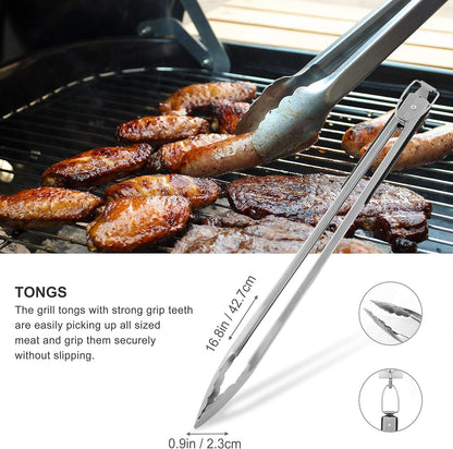 Grilljoy 8PCS Heavy Duty BBQ Grill Tools Set with Extra Thick Stainless Steel Spatula, Fork, Tongs & Cleaning Brush - Complete Barbecue Accessories Kit with Portable Bag - Perfect Grill Gifts for Men - CookCave
