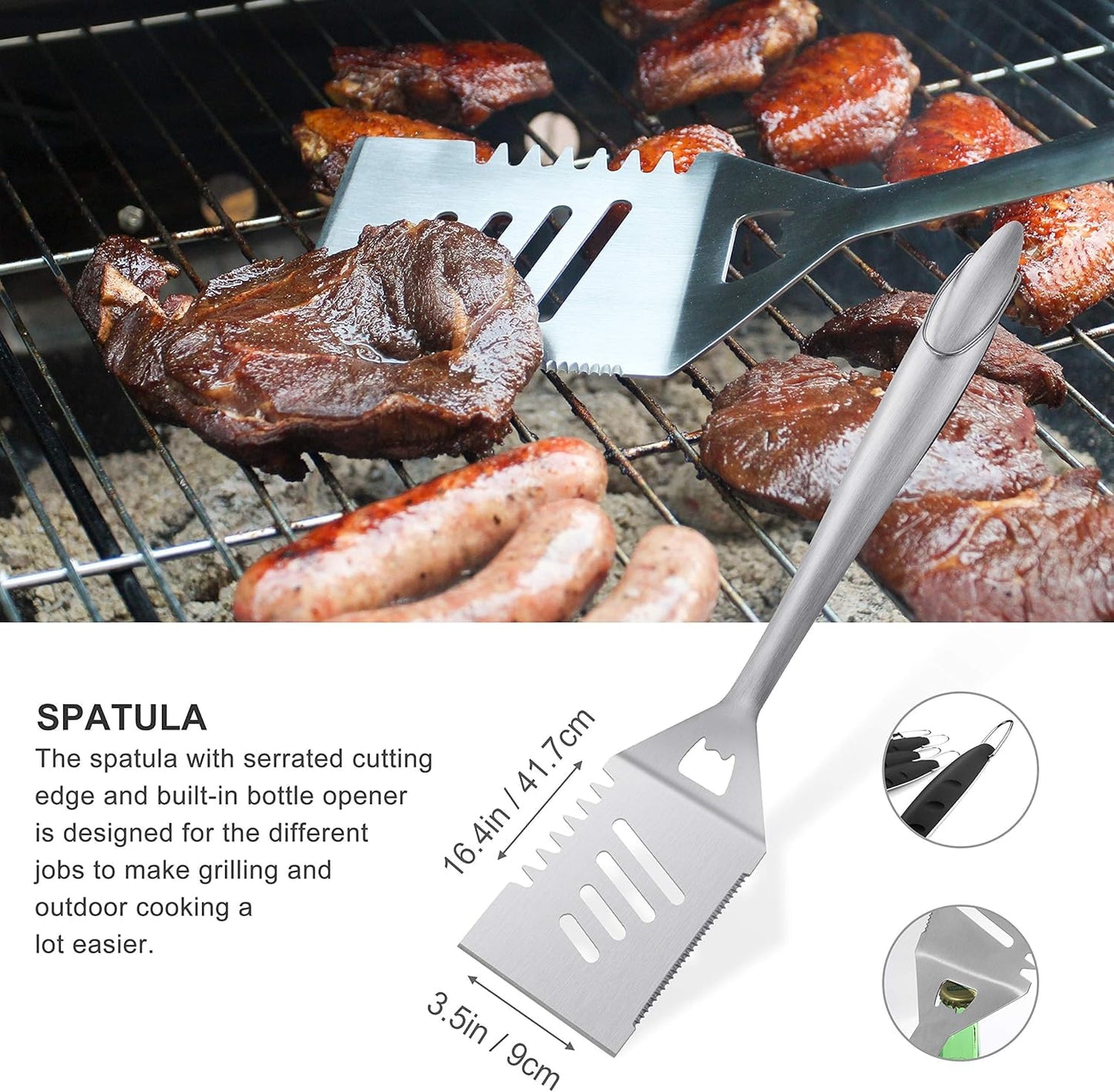 Grilljoy 8PCS Heavy Duty BBQ Grill Tools Set with Extra Thick Stainless Steel Spatula, Fork, Tongs & Cleaning Brush - Complete Barbecue Accessories Kit with Portable Bag - Perfect Grill Gifts for Men - CookCave