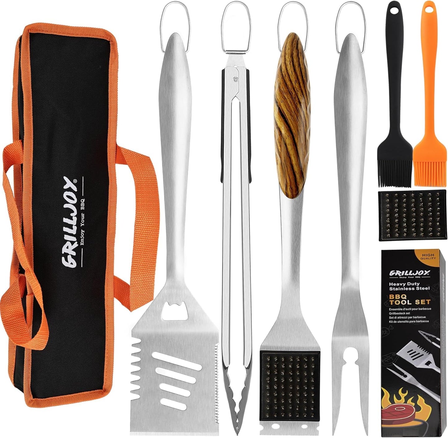 Grilljoy 8PCS Heavy Duty BBQ Grill Tools Set with Extra Thick Stainless Steel Spatula, Fork, Tongs & Cleaning Brush - Complete Barbecue Accessories Kit with Portable Bag - Perfect Grill Gifts for Men - CookCave