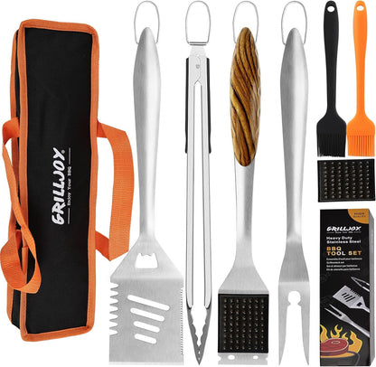 Grilljoy 8PCS Heavy Duty BBQ Grill Tools Set with Extra Thick Stainless Steel Spatula, Fork, Tongs & Cleaning Brush - Complete Barbecue Accessories Kit with Portable Bag - Perfect Grill Gifts for Men - CookCave