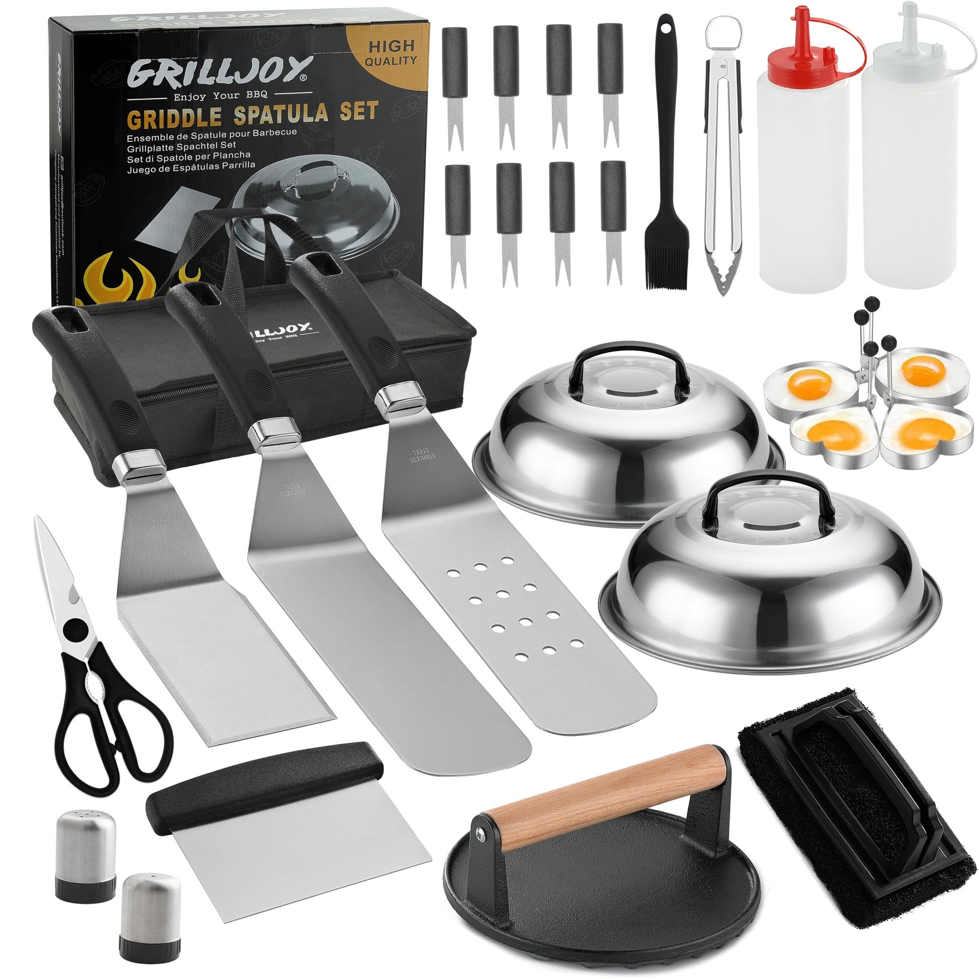 grilljoy Professional Griddle Accessories Kit Set with Smash Burger Press - Extra Thick Grill Spatula, Turner, Flipper - 28PCS Flat Top Grill Tools Kit for Outdoor Barbecue Teppanyaki Camping Cooking - CookCave