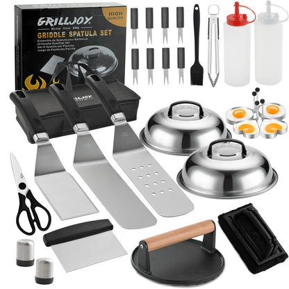 grilljoy Professional Griddle Accessories Kit Set with Smash Burger Press - Extra Thick Grill Spatula, Turner, Flipper - 28PCS Flat Top Grill Tools Kit for Outdoor Barbecue Teppanyaki Camping Cooking - CookCave
