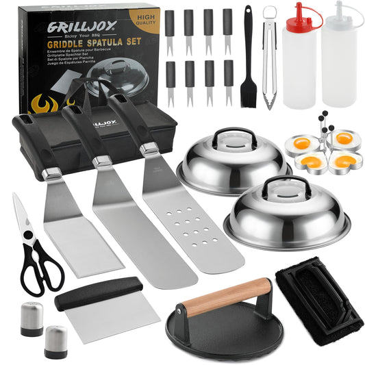 grilljoy Professional Griddle Accessories Kit Set with Smash Burger Press - Extra Thick Grill Spatula, Turner, Flipper - 28PCS Flat Top Grill Tools Kit for Outdoor Barbecue Teppanyaki Camping Cooking - CookCave