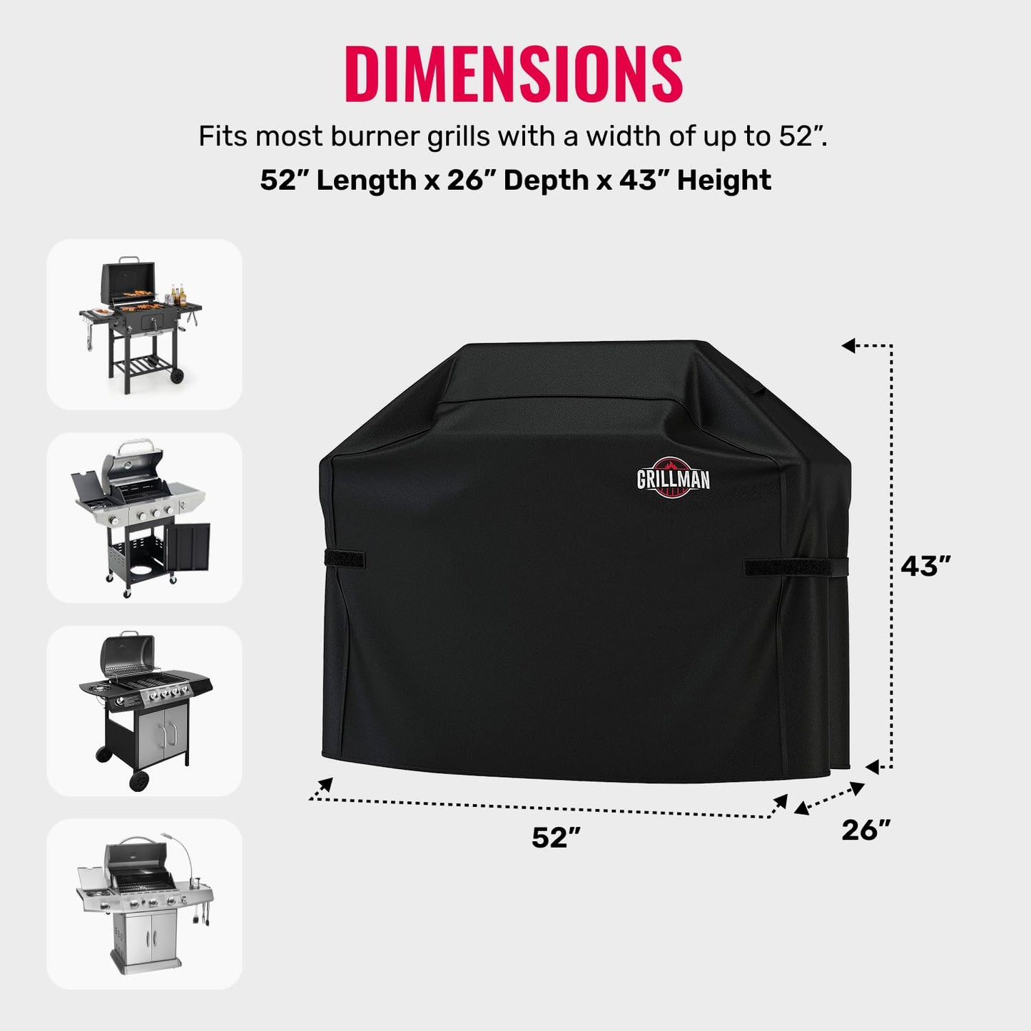 Grillman Premium Grill Cover for Outdoor Grill - Heavy-Duty Waterproof BBQ Grill Cover - Rip-Proof and Wind-Resistant - Large Barbecue Gas Grill Cover for Backyard - Black (52" L x 26" W x 43" H) - CookCave