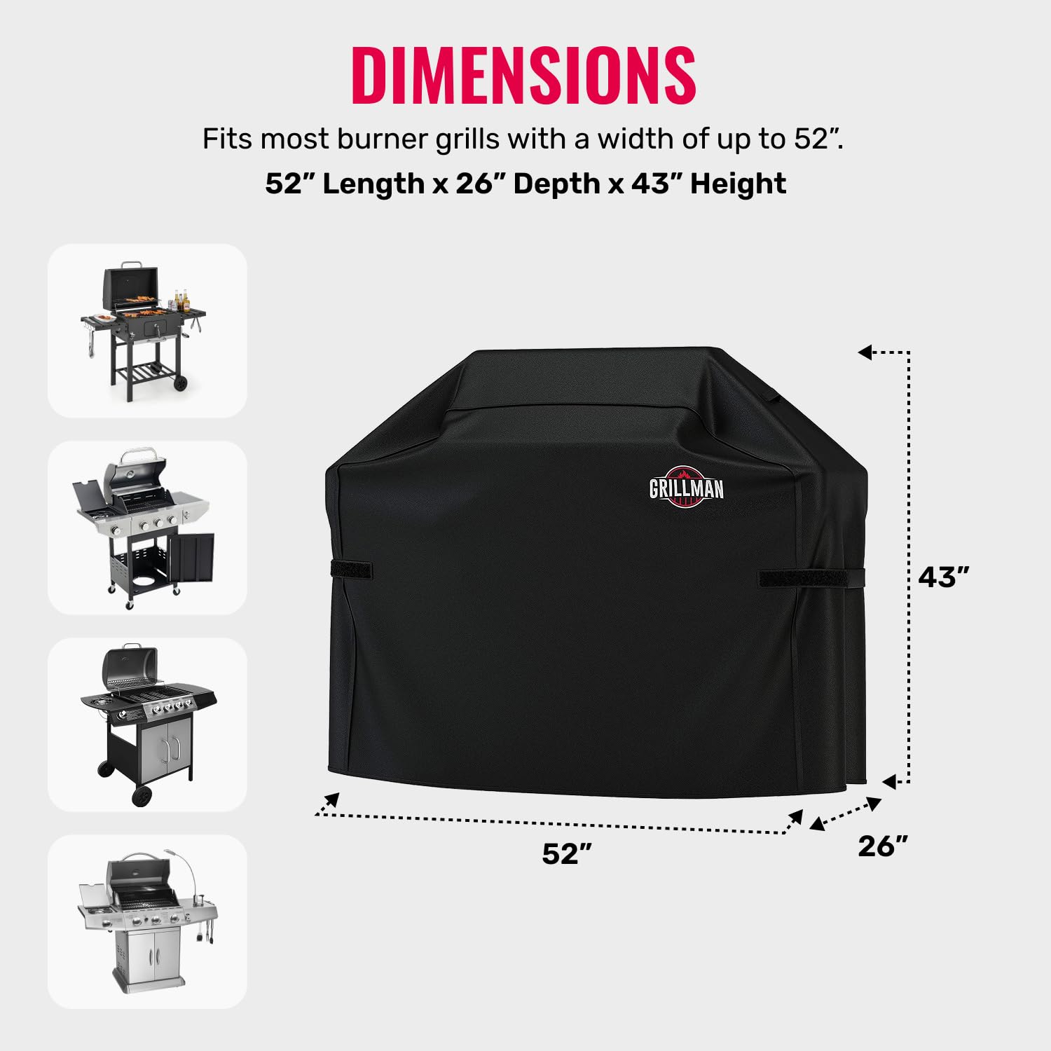 Grillman Premium Grill Cover for Outdoor Grill - Heavy-Duty Waterproof BBQ Grill Cover - Rip-Proof and Wind-Resistant - Large Barbecue Gas Grill Cover for Backyard - Black (52" L x 26" W x 43" H) - CookCave