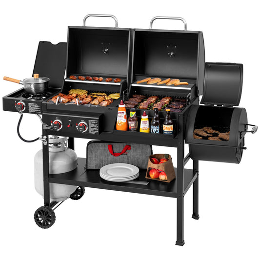 Grills House 2-Burner Gas and Charcoal Combo Grill with Offset Smoker & Side Burner, 34,000 BTU Dual Fuel Grill, 1020 Sq. In. Cooking Area, Ideal for Outdoor Cooking, Black, ZH3005Y-SC - CookCave