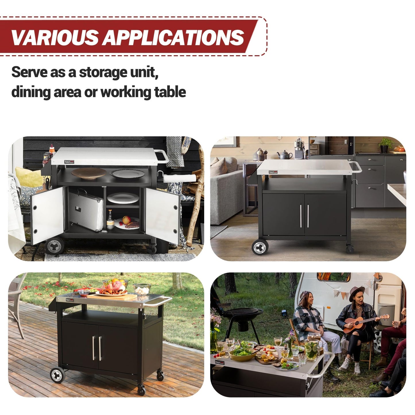 Grills House Outdoor Grill Cart with Wheels, Movable Kitchen Island with Storage Cabinet for BBQ, Stainless Steel Dining Cart Table for Food Prep, Black, PC3403S-SC - CookCave