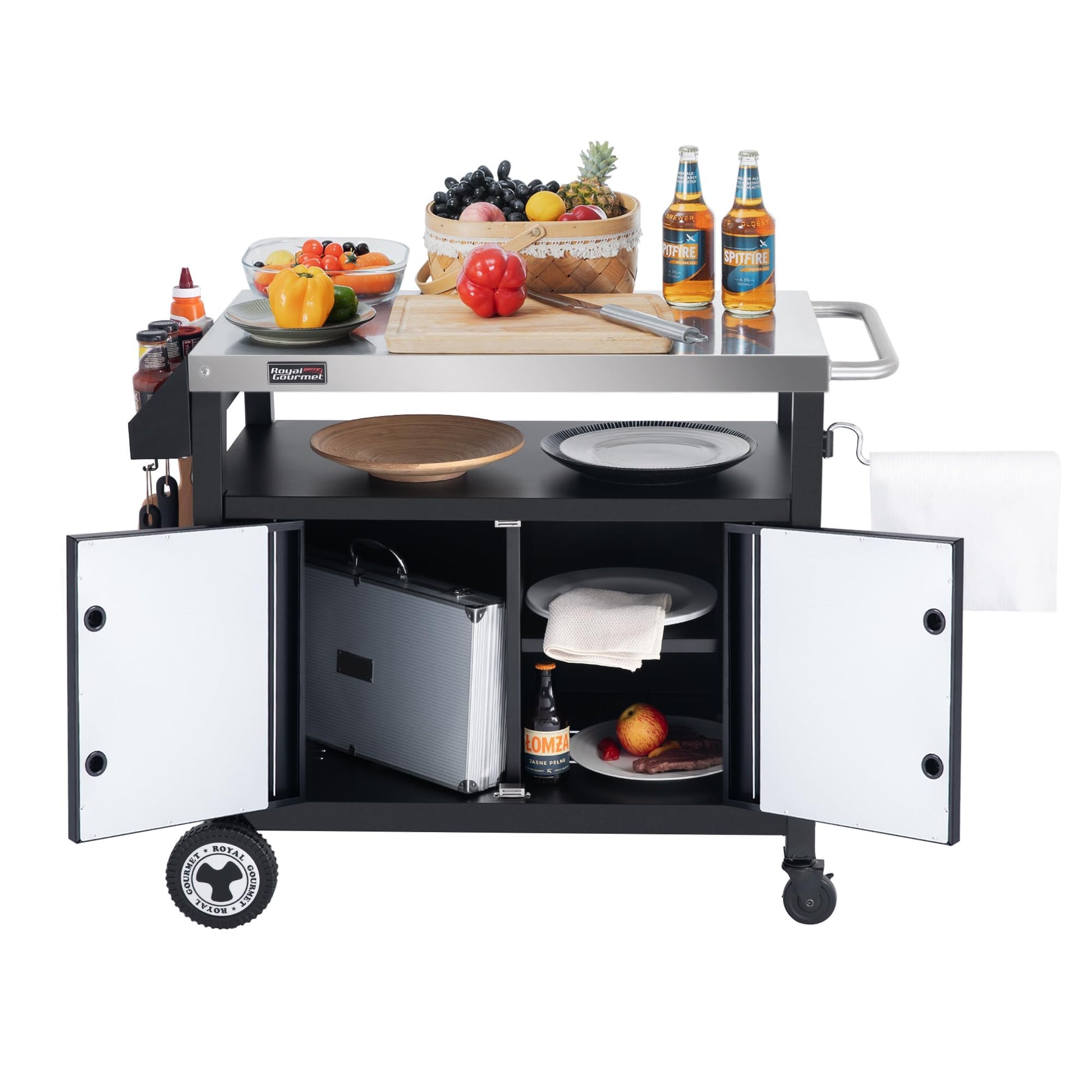 Grills House Outdoor Grill Cart with Wheels, Movable Kitchen Island with Storage Cabinet for BBQ, Stainless Steel Dining Cart Table for Food Prep, Black, PC3403S-SC - CookCave