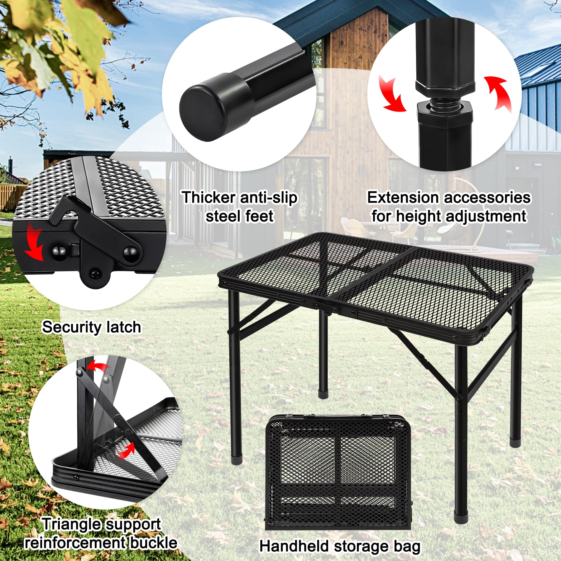 Grovind Folding Grill Table Camping Table with Mesh Desktop, Lightweight & Portable Outdoor Picnic Table, Height Adjustable Portable Grill Table for Outside Inside Use - CookCave