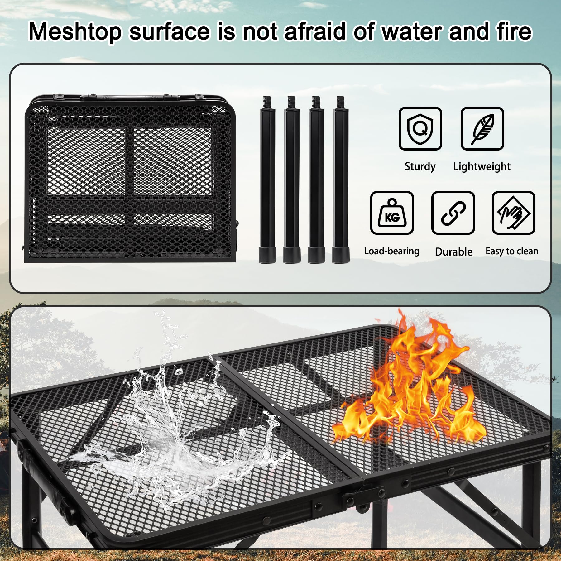 Grovind Folding Grill Table Camping Table with Mesh Desktop, Lightweight & Portable Outdoor Picnic Table, Height Adjustable Portable Grill Table for Outside Inside Use - CookCave