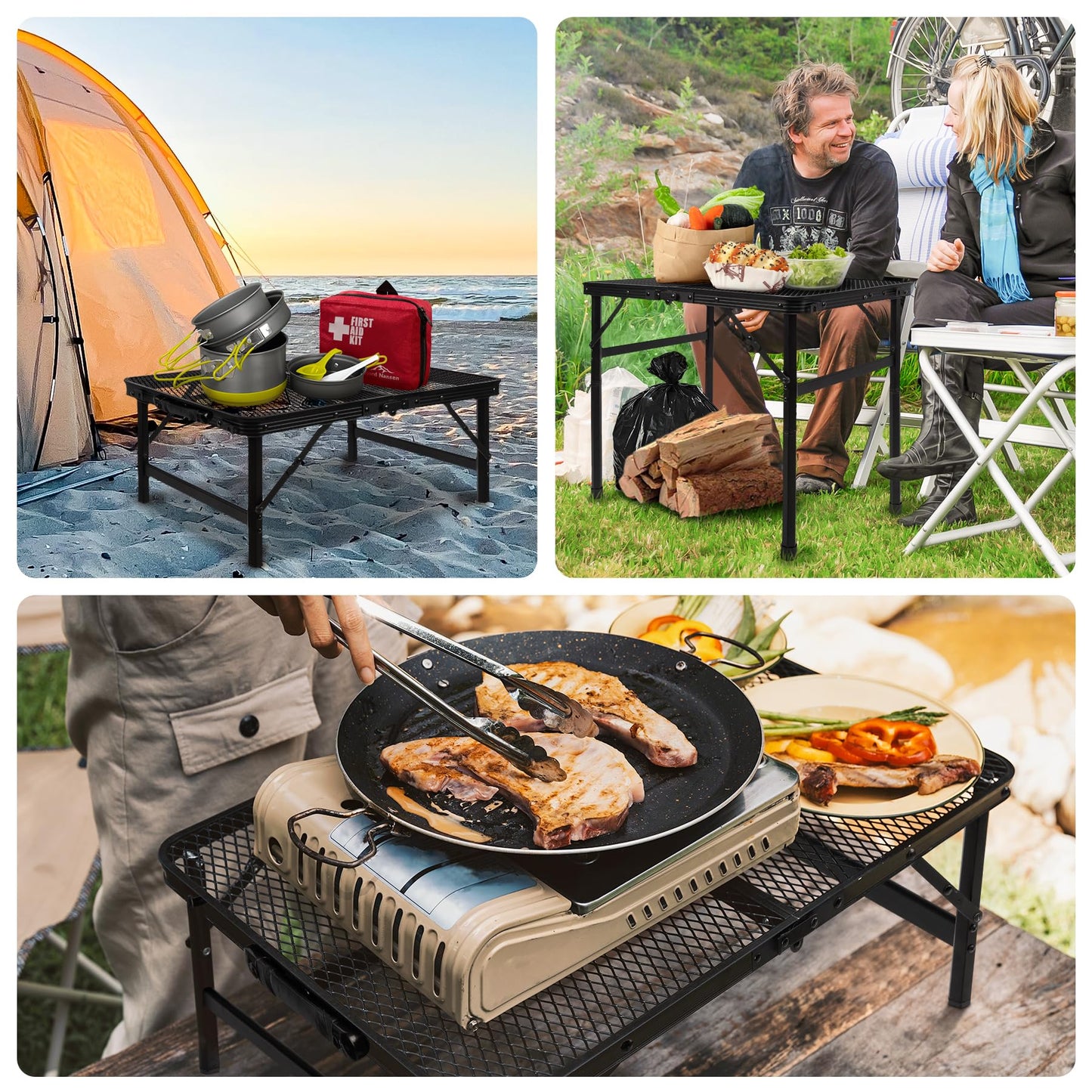 Grovind Folding Grill Table Camping Table with Mesh Desktop, Lightweight & Portable Outdoor Picnic Table, Height Adjustable Portable Grill Table for Outside Inside Use - CookCave