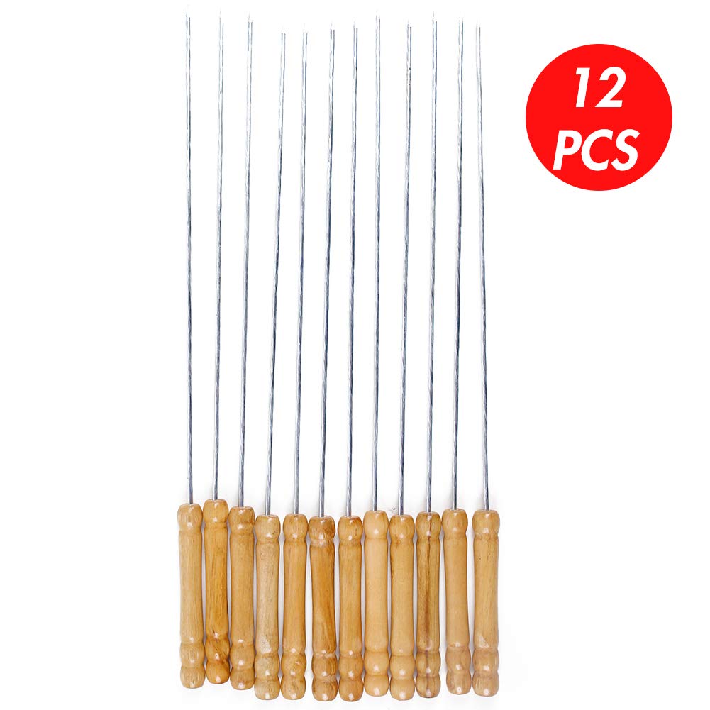 HAKSEN 12 PCS Barbecue Skewers with Wood Handle Marshmallow Roasting Sticks Meat Hot Dog Fork Best for BBQ Camping Cookware Campfire Grill Cooking, Stainless Steel,12 Inches(Including Handle) - CookCave