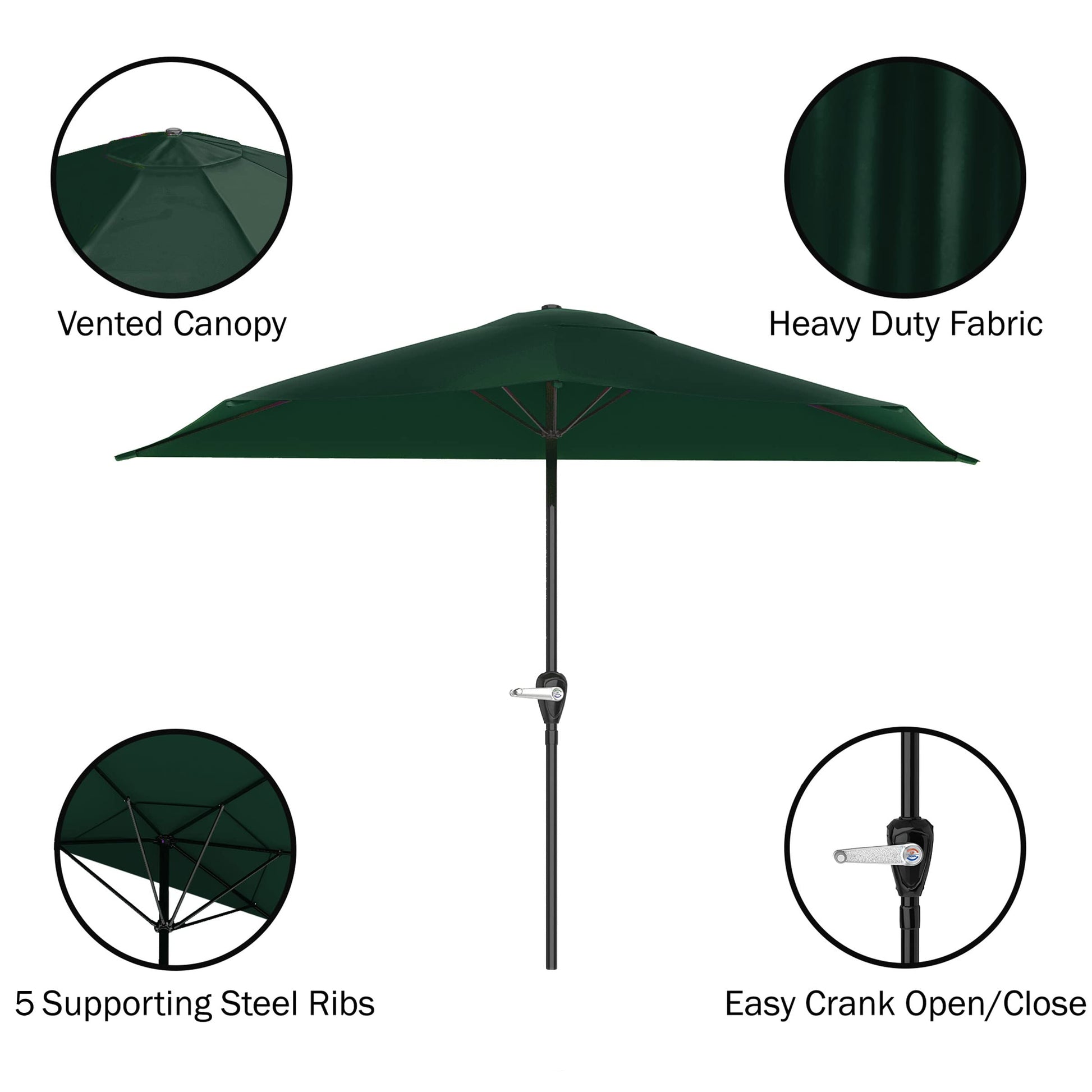 Half Umbrella Outdoor Patio Shade - 9 ft Half Patio Umbrella with Easy Crank - Small Canopy for Balcony, Table, or Deck by Pure Garden (Hunter Green) - CookCave